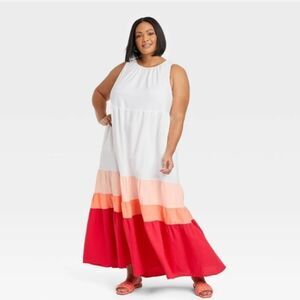 NWT Ava & Viv Colorblock Tiered Maxi Dress White Orange Red Plus Size 1X